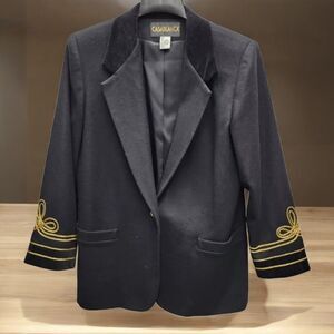VTG Casablanca Pure Wool Blazer Womens 12 Black Gold Detailing Shoulder Pads USA